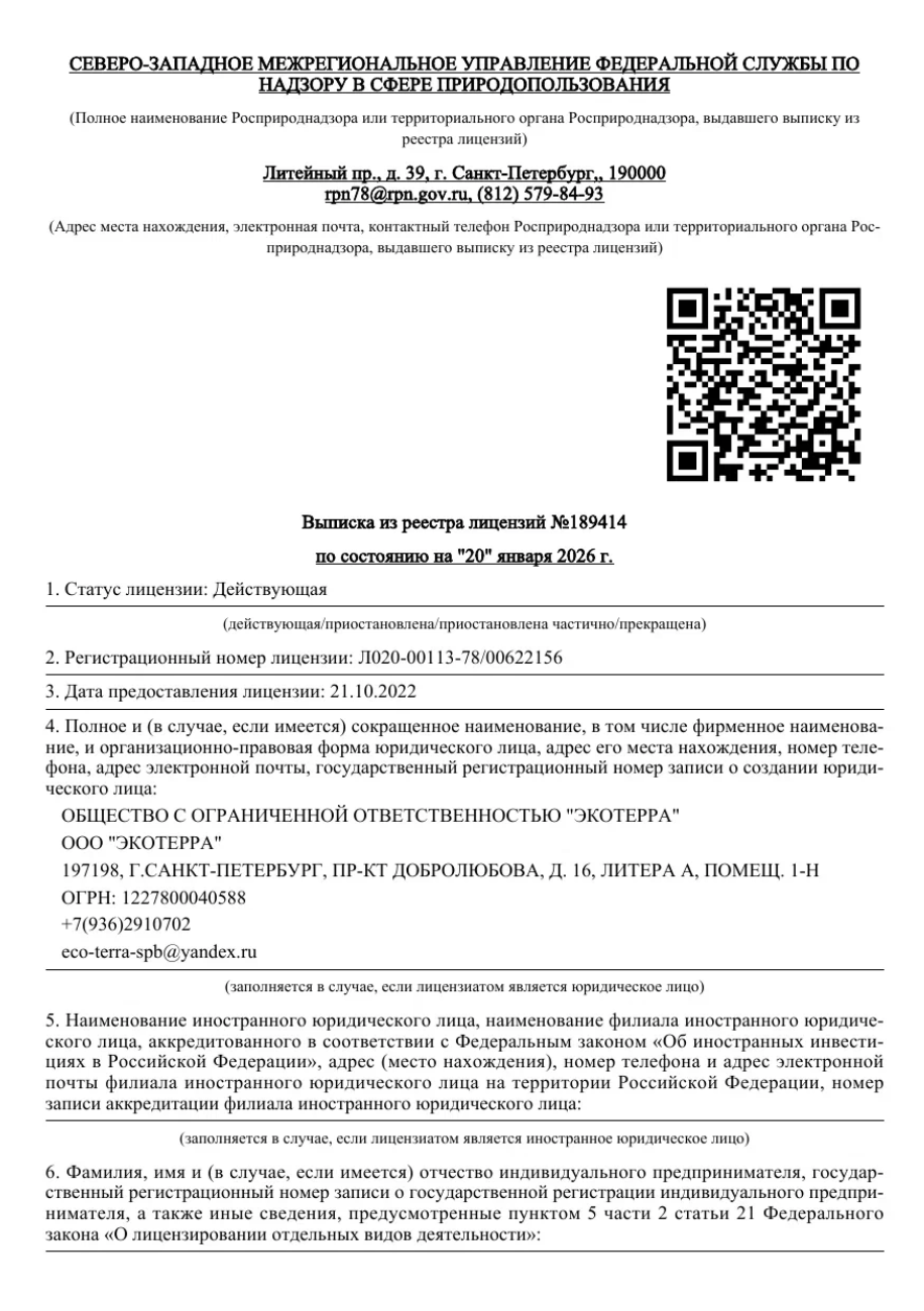 Выписка из реестра лицензий ООО ЭкоТерра